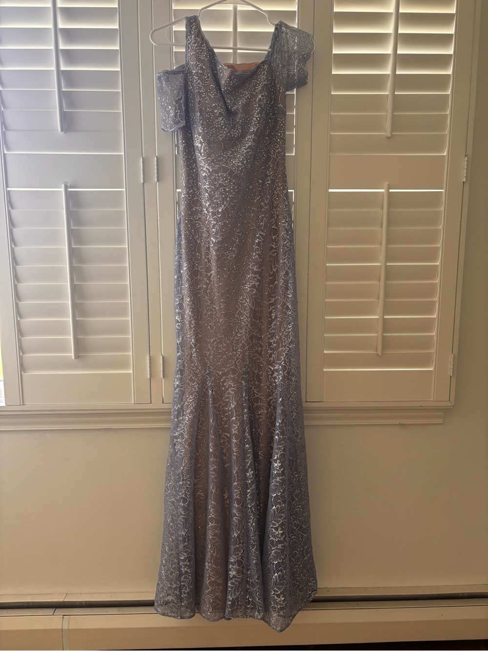 Neiman Marcus Silver Lace Maxi Gown